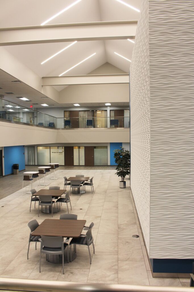 The 2 story vaulted ceiling of the McLaren St. Luke’s Fallen Timbers Medical Building lobby