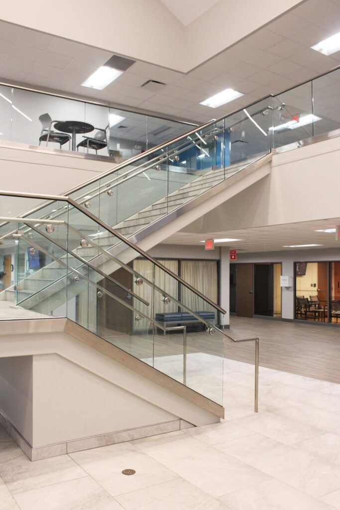 The large glass staircase is a feature of the McLaren St. Luke’s Fallen Timbers Medical Building lobby