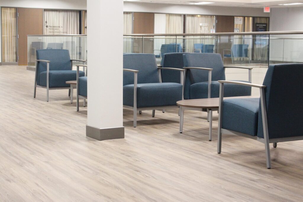 New blue chairs in the lobby of the McLaren St. Luke’s Fallen Timbers Medical Building