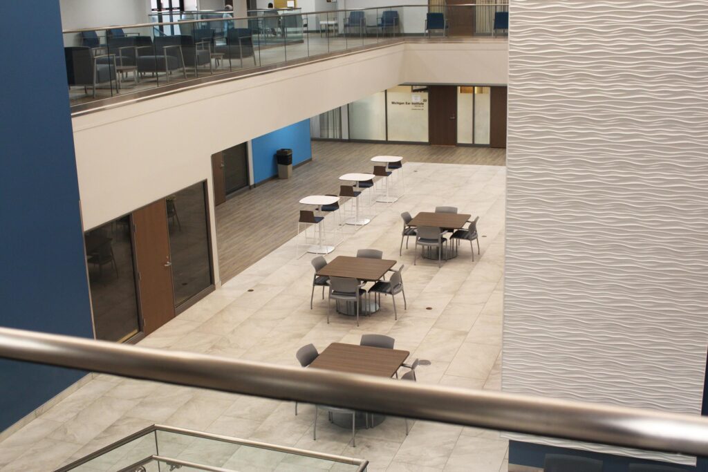 The lobby of the McLaren St. Luke’s Fallen Timbers Medical Building with new chairs and tables
